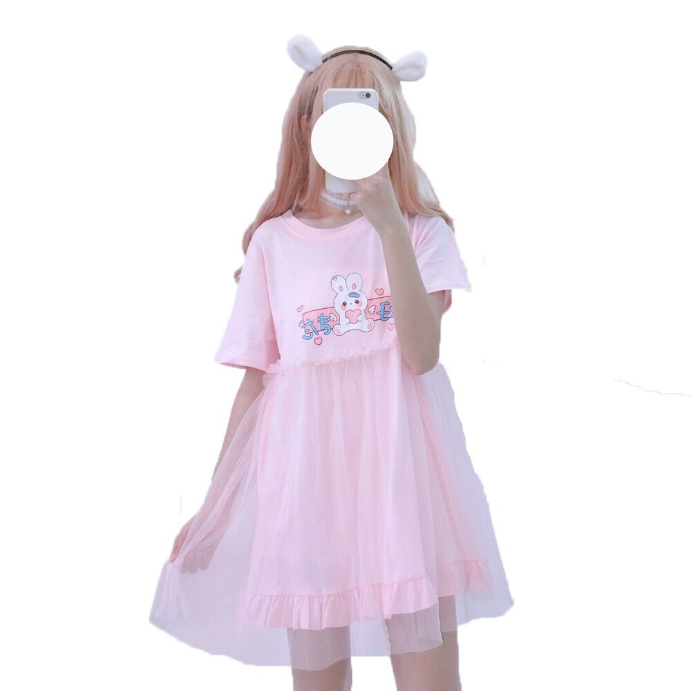 Japanese Kawaii Rabbit Cute Anime Short Sleeve Pink White Dress