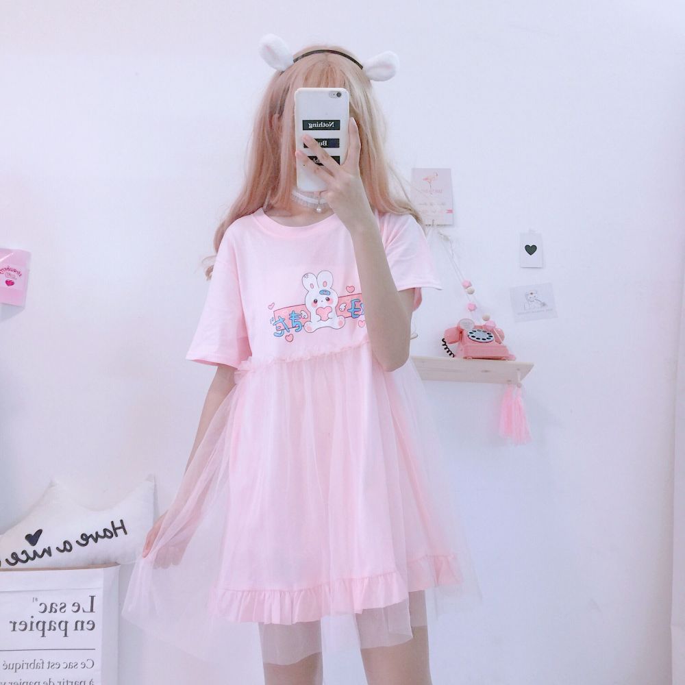 Japanese Kawaii Rabbit Cute Anime Short Sleeve Pink White Dress