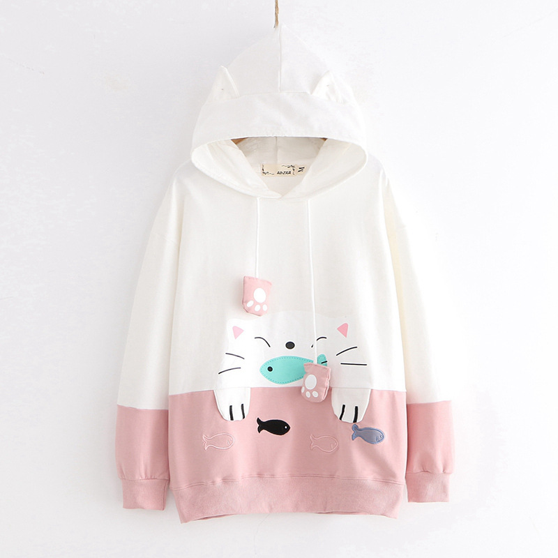 Womens Kawaii Anime Hoodie with Cat Print Long Sleeve Sweatshirts with Pockets Janpanese Hoddie for Teen Girls