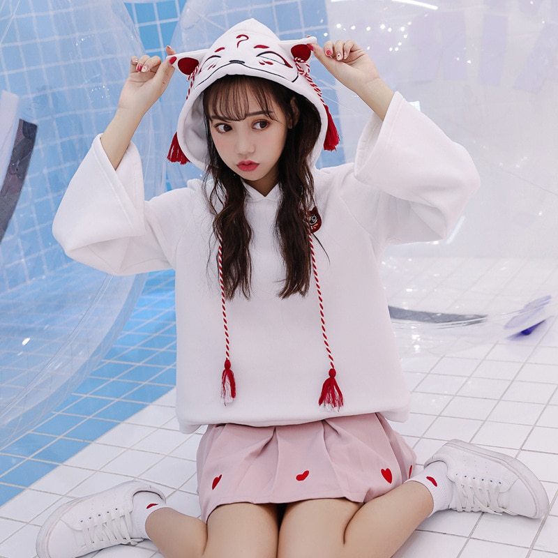 Japanese Retro 3d Fox Ear Embroidery Hoodie Cartoon Anime Girls
