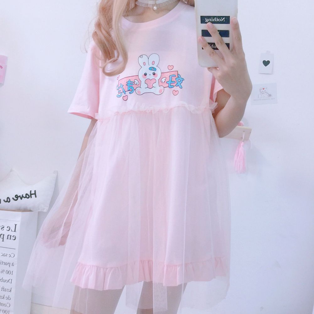 Japanese Kawaii Rabbit Cute Anime Short Sleeve Pink White Dress