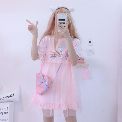 japanese kawaii rabbit cute anime short sleeve pink white
