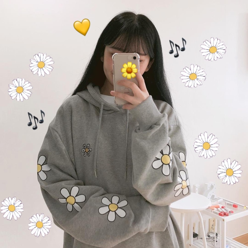 New Female Hoodie Korean Fashion Casual Cute Flower Print Loose