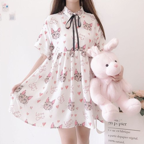 Lovely Cartoon Teenage Girl Dress Japanese Kawaii Cat Heart Chiffon Bandage Female White Pleated Shirt Dress