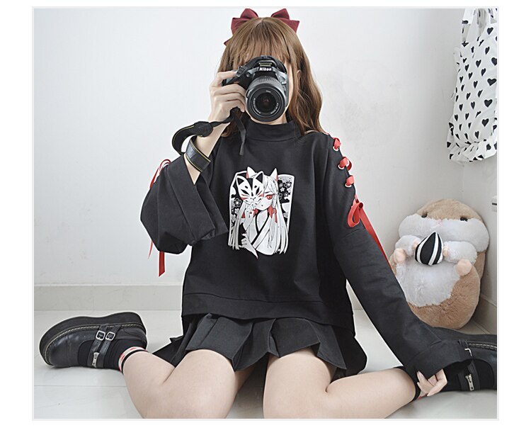 Harajuku Anime Fox Print Lace Up Japanese Lolita Vintage Sweatshirt
