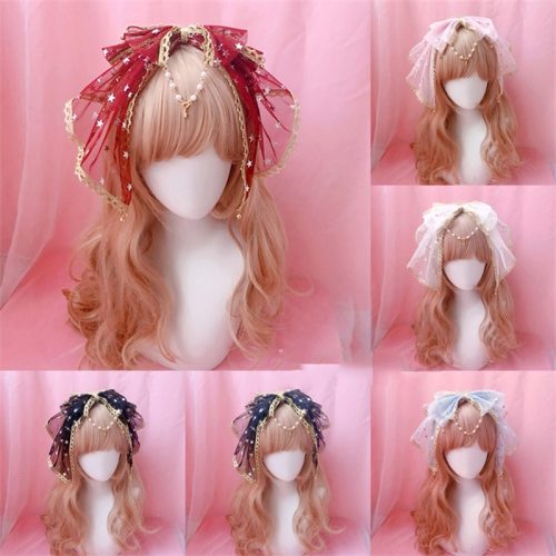 Sweet Lolita Kawaii Bow Lace Trim Bell Pendant Headband Fairy Cosplay Headwear Hair clasp KC Hair Band Stars Hair Accessories