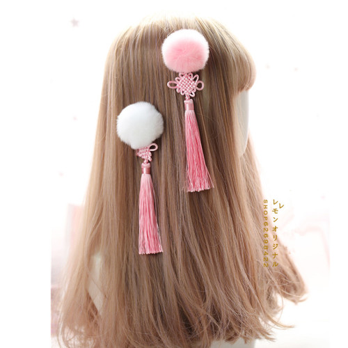 Chinese style Women's Lolita kawaii Cheongsam Hanfu Hair Accessories cosplay Hair Ball Hair Clip Pink Tassel Side clip 1 pairs