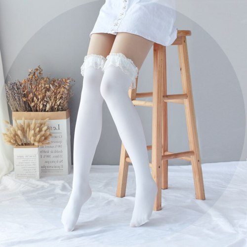 Japanese Sweet Lolita Anime Big Lace Trim Stocking Cosplay Velvet Thigh High  Over Knee Socks Kawaii
