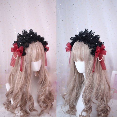 Japanese Style Gothic Lolita Bow Lace Headwear Handmade Pearl Chain Decorate Headband Hair Accessories Black Red Hair Band