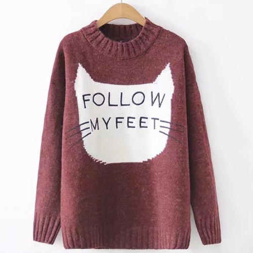 Harajuku Letter Follow My Feet Cat Jacquard Knitted Long Sweater