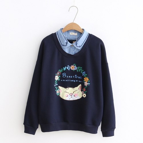 Harajuku Super Cute Cartoon Cat Print Fflocking Sweater