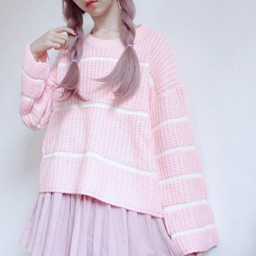 Sweet Cute Girls Knitted Sweater Striped Long Flare Sleeve Sweater