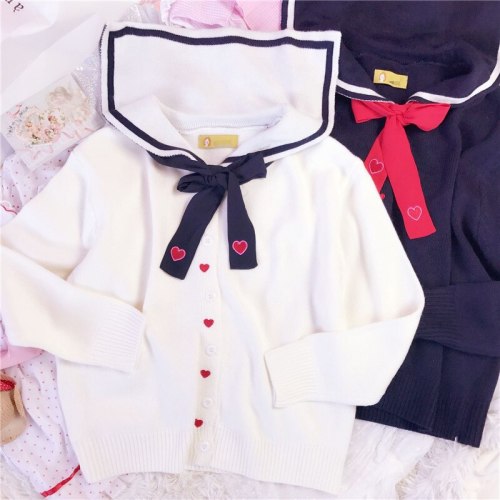 Navy blue Knitwear Sweet Heart Embroidery Sailor Collar Cardigans