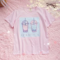 Pink Milk Tea Print Short Sleeve T-shirt