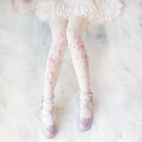 Ancient Customs Lolita Sakura Pattern Printed Thin Leggings Mori Girl Daily Pantynose Stockings Tights Socks Accessories