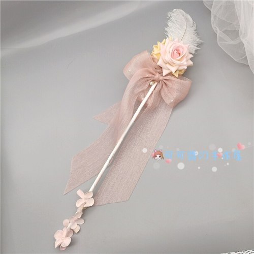 Gothic Handmade Lolita Tea Roses Sceptre Stick Hand Cane Shows Magic Wand of Fairy Wand Holding Stick Cosplay Performance