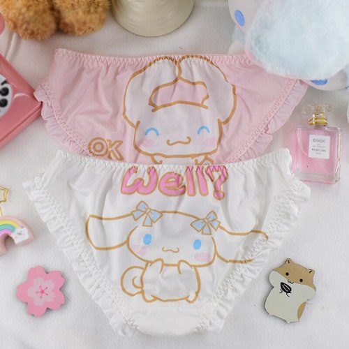 Japanese Soft Girl Cute Big Ears Rabbit Printing Cartoon Milk Silk Panties Sweet Lolita Ruffles Low Waist Briefs Underwear
