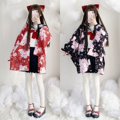 Harajuku Cute Haori Vintage Lolita Kimono Preppy Look Pure Color Black Thin Coat