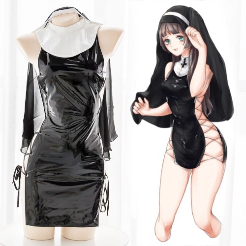 Black Sexy Nun Patent Leather Hollow Side Bandage Thin Dress Underwear Suit Women's Japanese Sexy Lolita Girl Dress 3Pcs Set