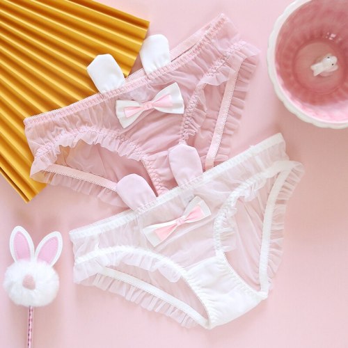 Summer Kawaii Mesh Furry Ball Rabbit Ear Panties Sexy Lolita Lovely Briefs Japanese Soft Girl Low Waist Transparent Underwear