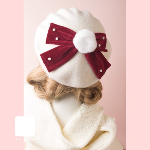 Super Kawaii Big Velvet Bowknot White Beret Pearl Trim Plush Venonat Japanese Women's Sweet Lolita Fall Winter Warm Hat