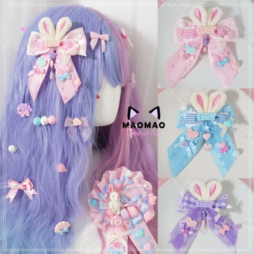 Sweet Dreamy Lolita Pink Blue Purple Kawaii Plush Rabbit Bow Hair pin Headwear Side clip Soft Girl Cute Hair Clip Headdress