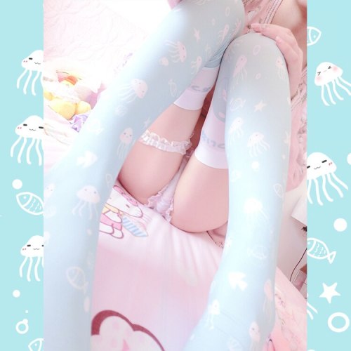 Lolita Stocking The Songs of the Deep Sea Summer Cool Refreshing Jellyfish Print Knee Anime Cosplay High Socks