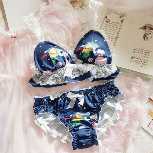 Japanese Soft Girl Kawaii Little Prince Ruffles Lace Underwear Set Sexy Sweet Lolita No rims Bra & Panties Lingerie Set