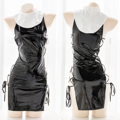 Black Sexy Nun Patent Leather Hollow Side Bandage Thin Dress Underwear Suit Women's Japanese Sexy Lolita Girl Dress 3Pcs Set
