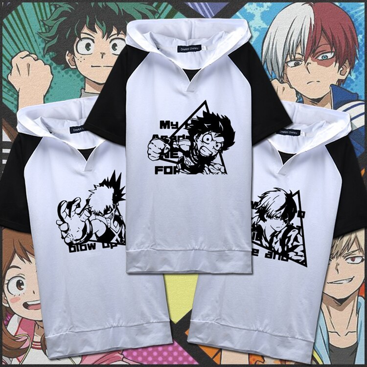 Anime Boku No Hero Academia Bakugou Todoroki Deku Cosplay Hooded T Shirt Short Sleeve Tee Men