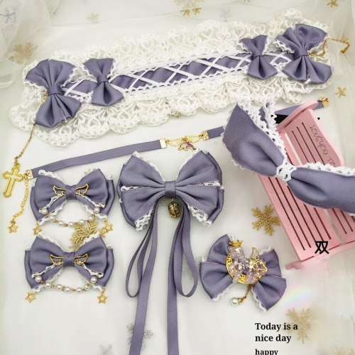 Korean Soft Girl Gray Purple Sweet Lolita Kawaii Lace Bow Hair Band Hairpin Japanese Vintage Princess