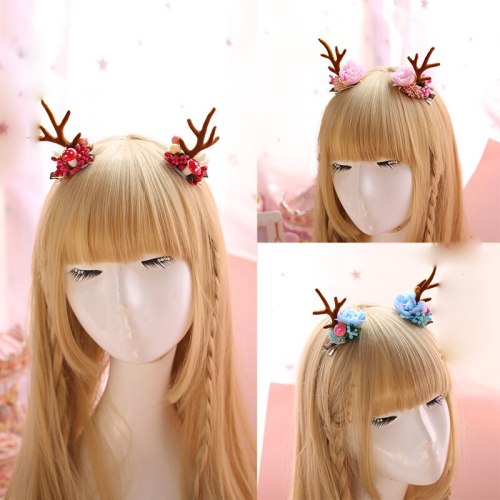 Kawaii Lolita Girl Japanese Antlers Flowers Design Headwear Christmas Party Women's Cute Side Clip Hair Accessories 3Colors