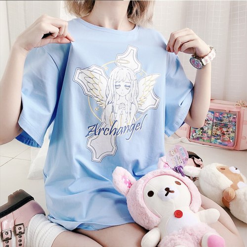 Harajuku Anime Angel Girl Printed Loose Oversize MD-LONG Short Sleeve T- shirt Tee Japanese Soft
