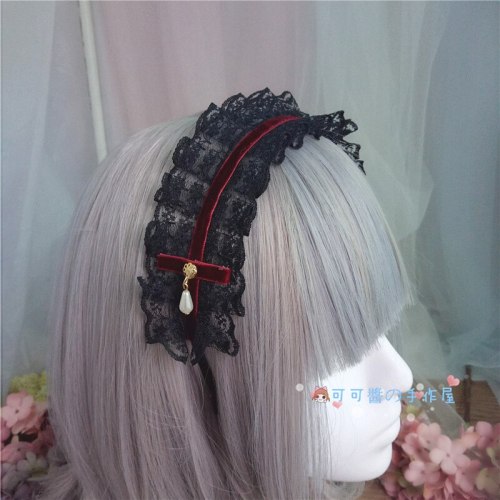 Gothic Lolita Campire Red Rose hairpin Bow Lace Headwear Ornament Cosplay maid Hand band Comic con Hair accessories