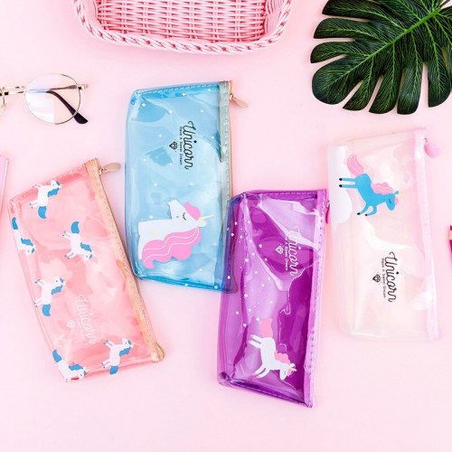 Unicorn Cosmetic Bags Silicone Transparent Organizer Pouch Cat Flamingo Makeup Pencil Bag