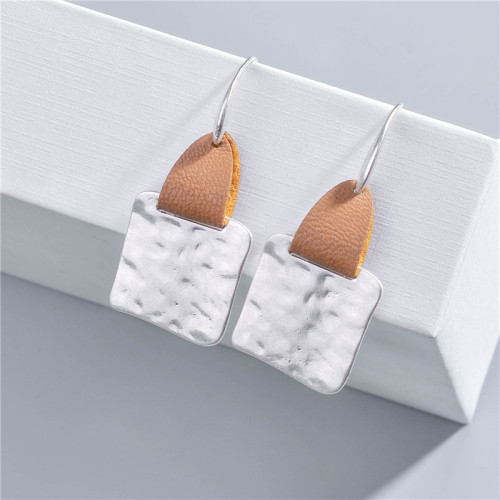 Brown Leather Sand Silver Irregular Geometric Square Earrings