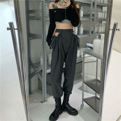 Loose Drawstring Pants with Cut-out Design