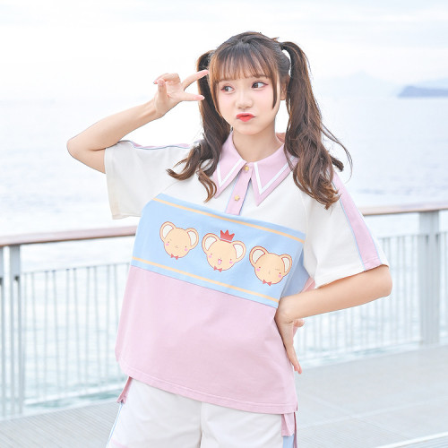 Anime Cardcaptor Sakura Polo Collar Girl Contrasting Summer Kawaii T-shirt