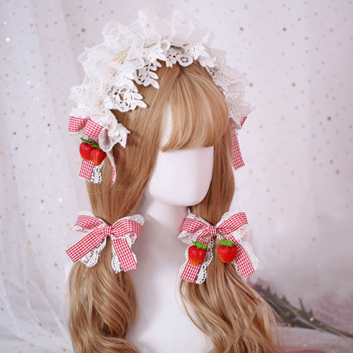 Sweet Girl Strawberry Lace Plaid Lolita Hairband Soft Girl KC Hair Clip Straw Hat Lolita Accessory
