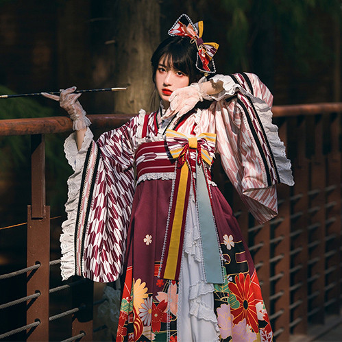 Japanese Style Daruma and Flower Print Lace Bowknot Lolita Dress