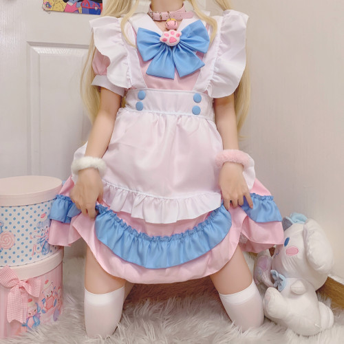 Cute Cat Pink and Blue Lace Apron Cat Paw Lolita Dress Cosplay Costume with Choker Collar