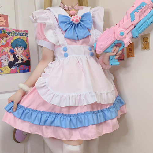 Cute Cat Pink and Blue Lace Apron Cat Paw Lolita Dress Cosplay Costume with Choker Collar