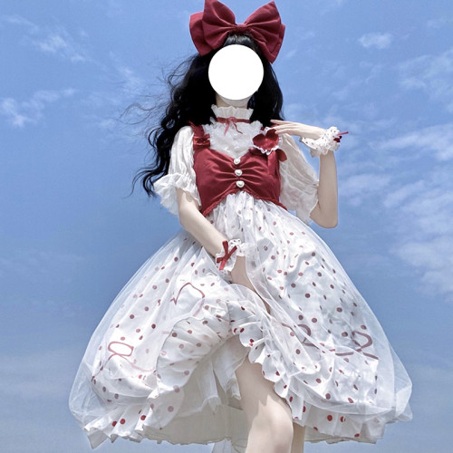 Red Polka Dot Sweet Heart Short Sleeve Summer Lolita Dress