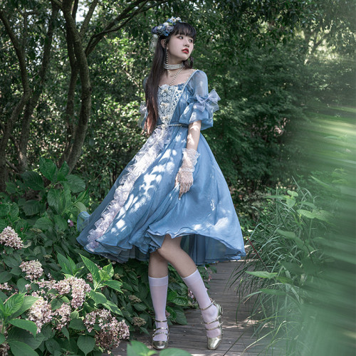 Vintage Pearl Chain Lace Gradient Blue Classic Lolita Summer Dress