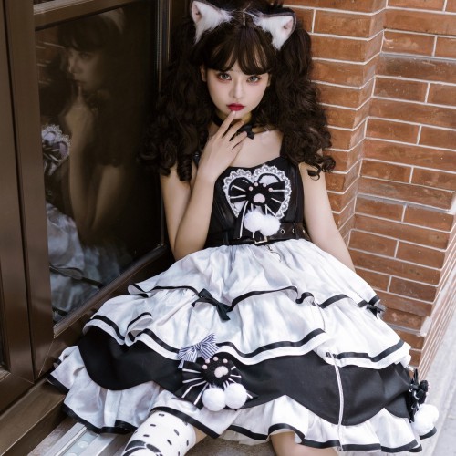 Harajuku Cat Paw Black and White Sweet Lolita Layered Dress JSK