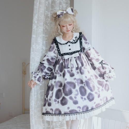 Black and White Cow Pattern Print Lace Bows Sweet Girl Lolita Dress JSK
