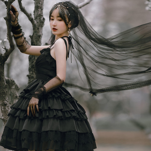 Harajuku Girl Cross Strap Layered Dress Shining Summer Lolita Black Skirt