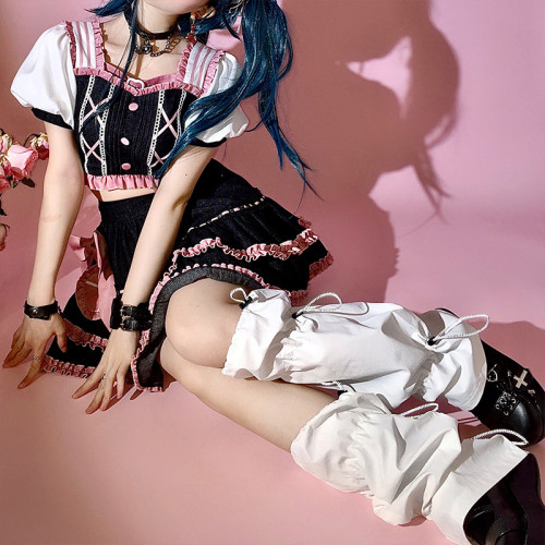 Black Pink Sweet Girl Lolita Outfits Short Sleeve Top with Ruffle Denim Skirt