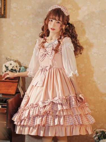 Sweetheart Princess Pink Bowknot Ruffle Plaid Skirt Summer Lolita Jumper Skirt JSK