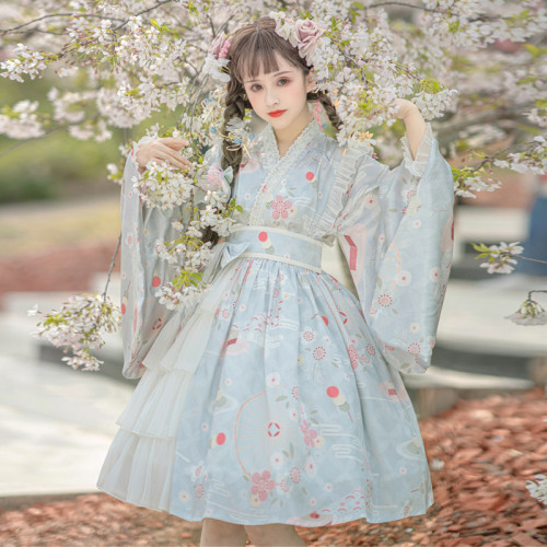 Japanese Style Wagashi Print Sweet Girl Long Sleeve Lolita OP Dress